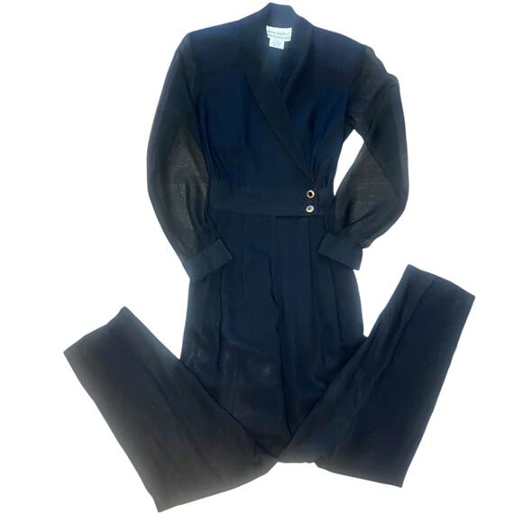 Vtg Sheer Sleeved Tuxedo Pant Jumpsuit 10 Menswear Whimsigoth Old Money Ladylike - Picture 1 of 5